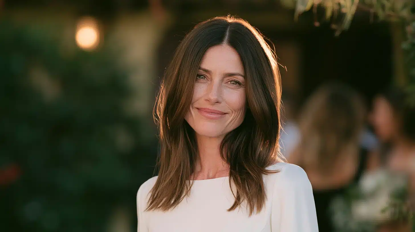 Mother of the bride with sleek center parted straight hair wearing a simple white dress at an elegant evening wedding
