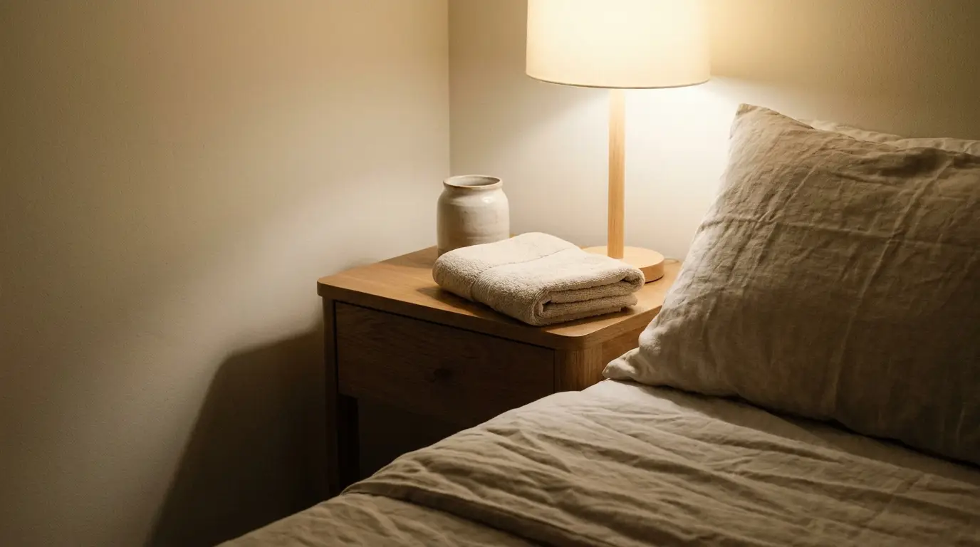 Nightstand with folded towels and ceramic vase under warm lamp light in cozy bedroom