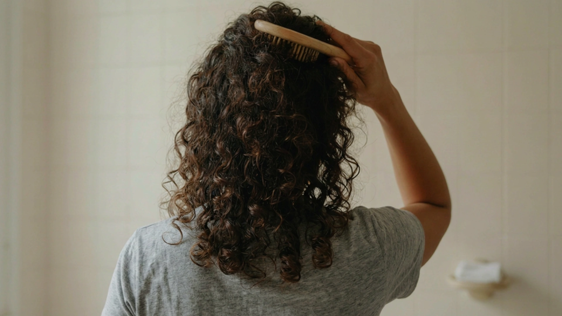 Person brushing curly hair with a wooden brush in a softly lit indoor setting.