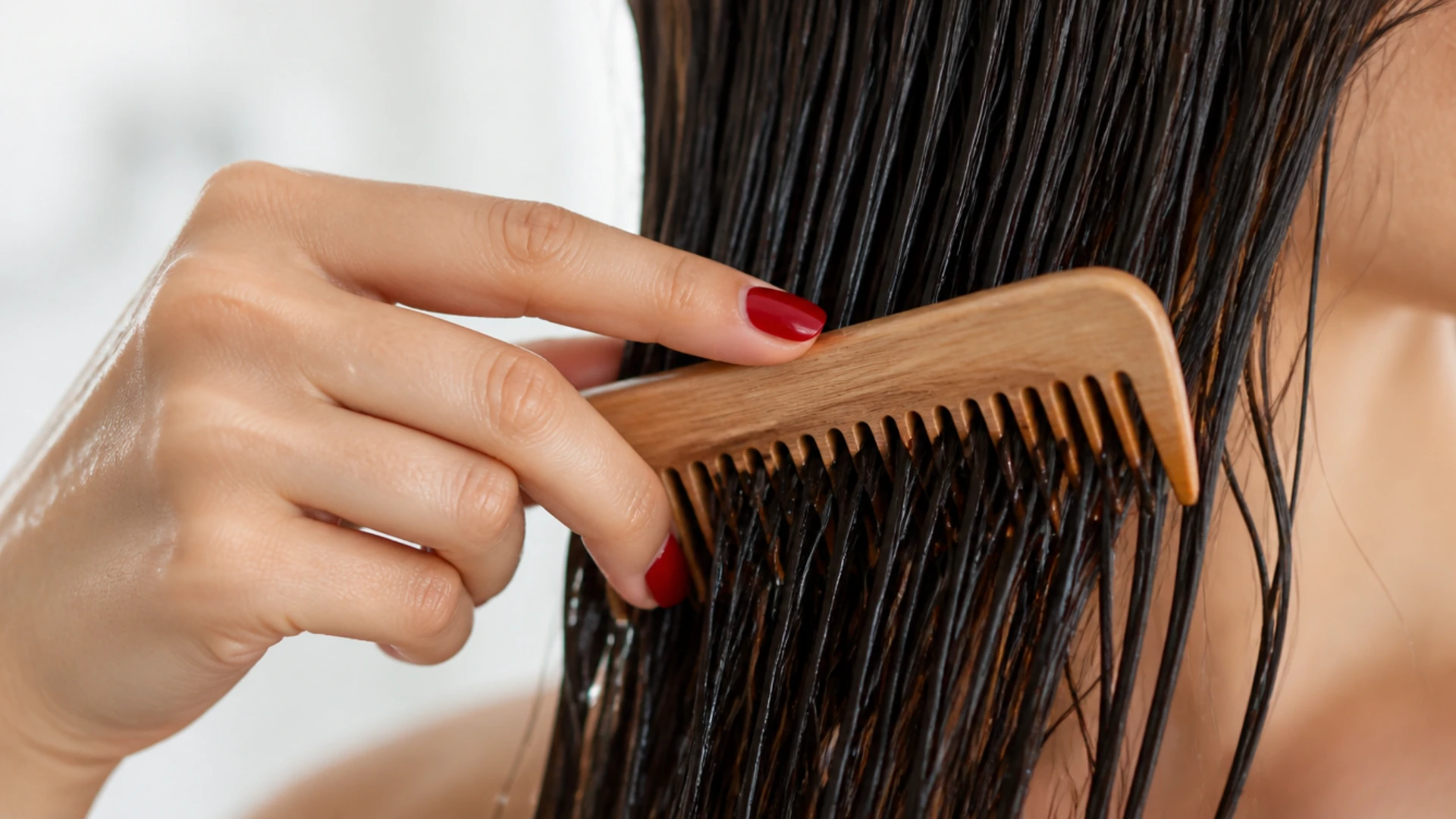 Person combing wet hair with a wooden wide-tooth comb in a close-up beauty care scene.
