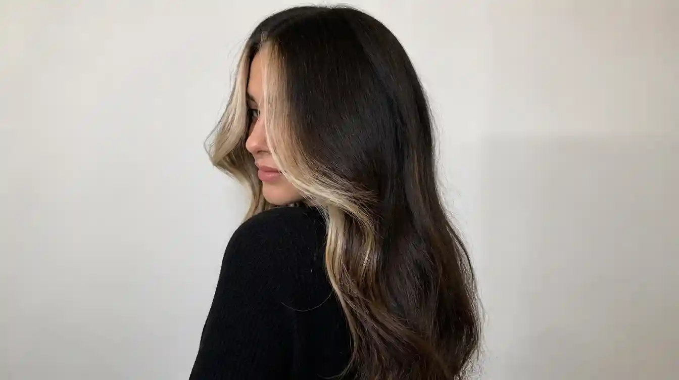 Platinum blonde money piece framing the face on dark brown hair