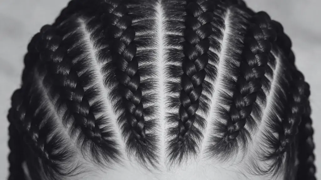 A close-up of a woman with intricate pop smoke braids, reflecting the popular hairstyle associated with Pop Smoke.