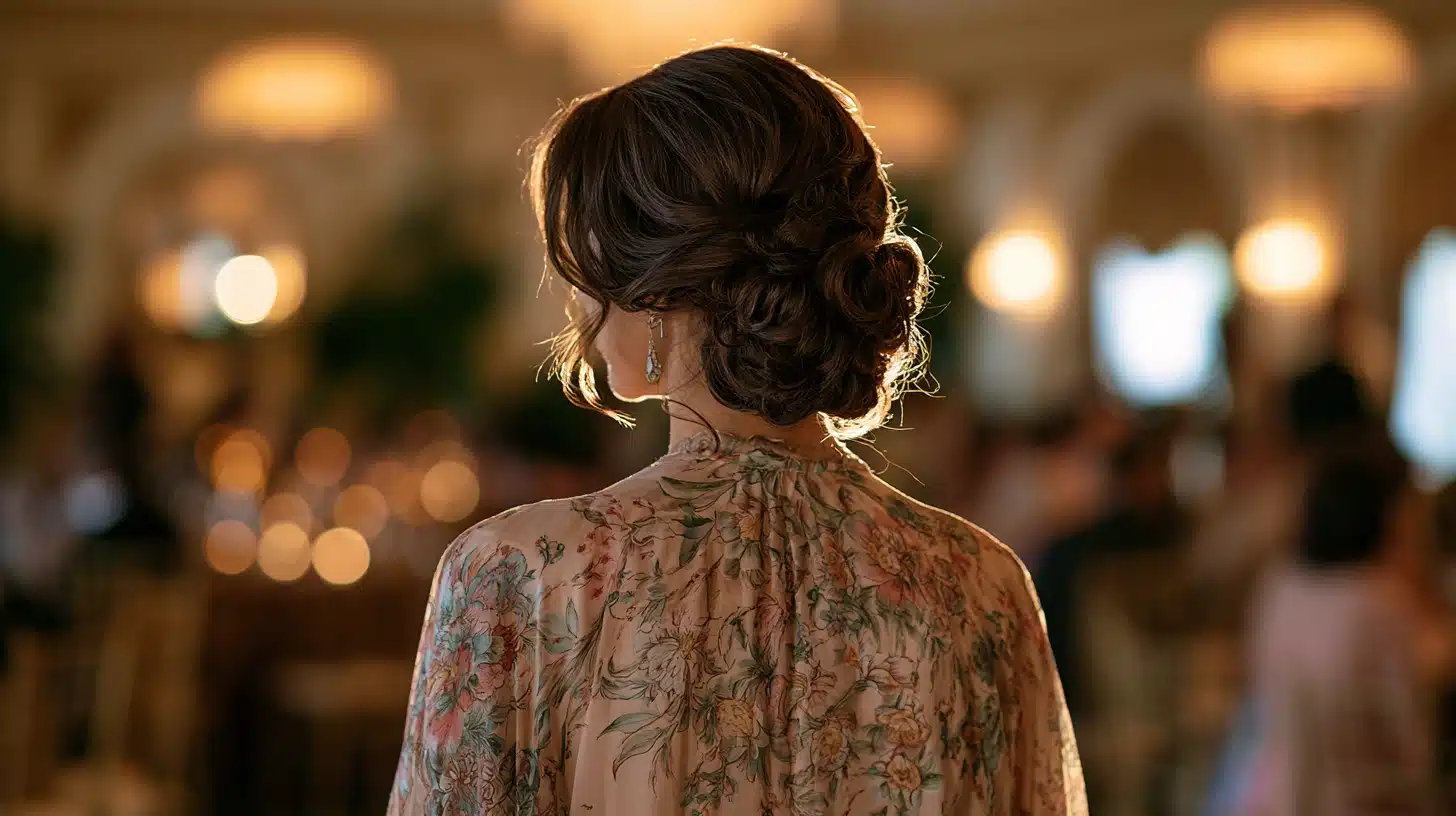 rolled vintage inspired updo mother of the bride hairstyle viewed from the back in a blush lace dress