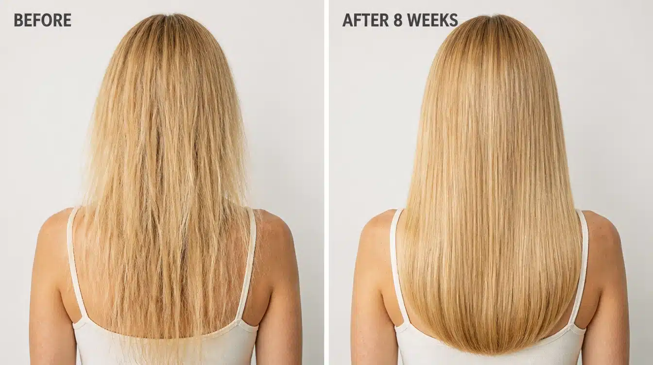 before and after comparison showing visibly thicker looking hair after consistent hair care routine