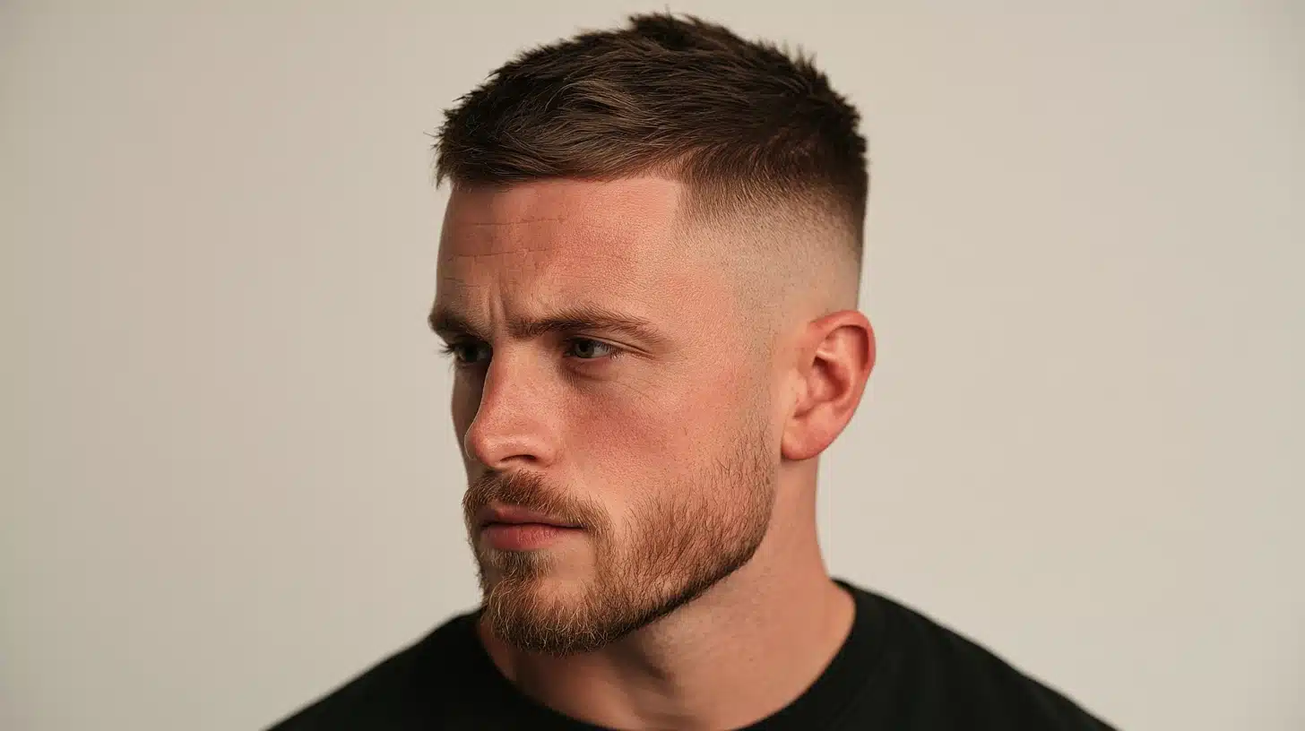 Short crew cut with a high skin fade and neatly trimmed beard shown in profile against a warm neutral background