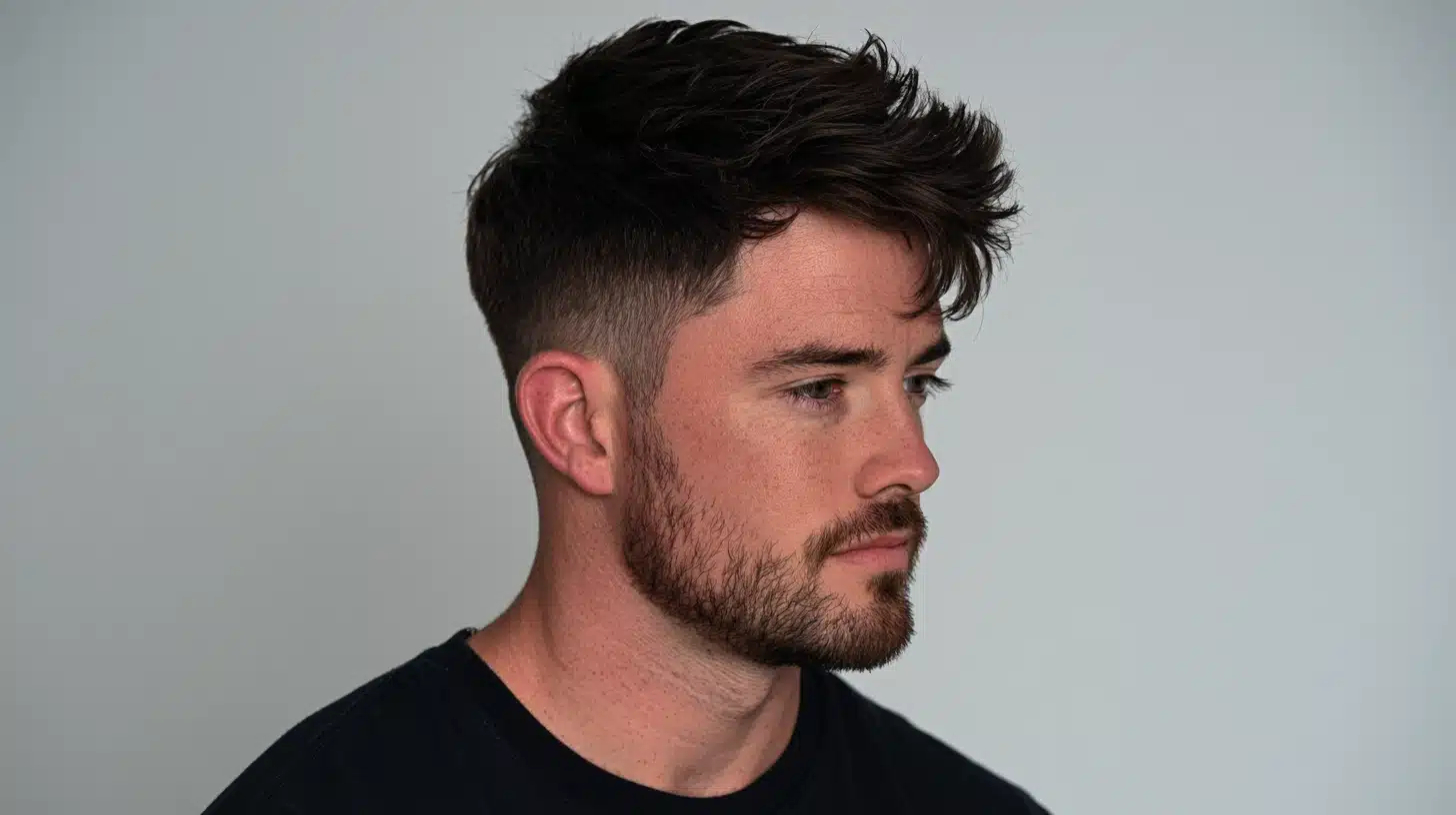 Short textured haircut with tapered sides and a trimmed beard shown in side profile against a soft light gray background