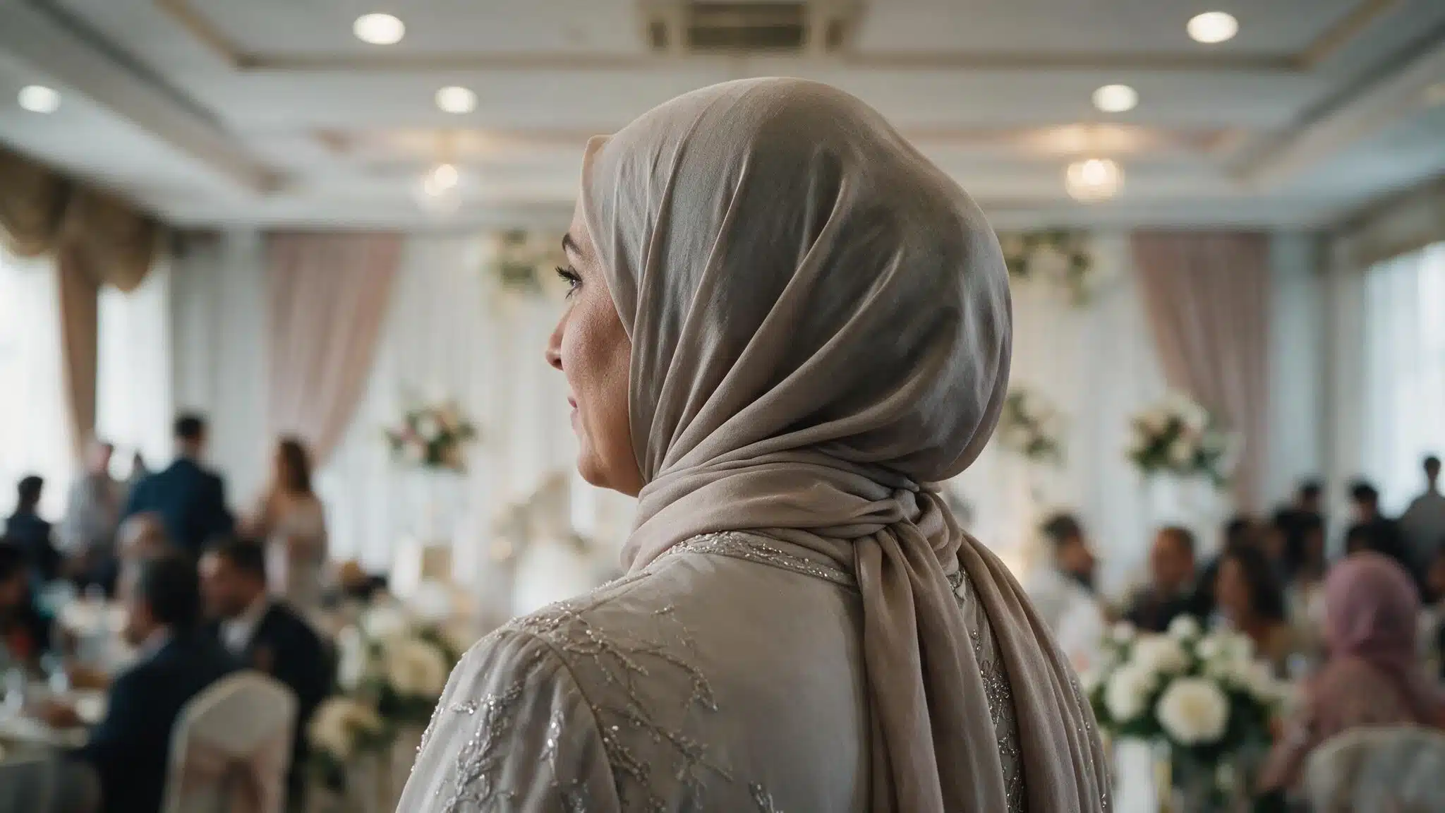Side back view of mother of the bride wearing a neutral hijab and embellished gown at an indoor wedding reception