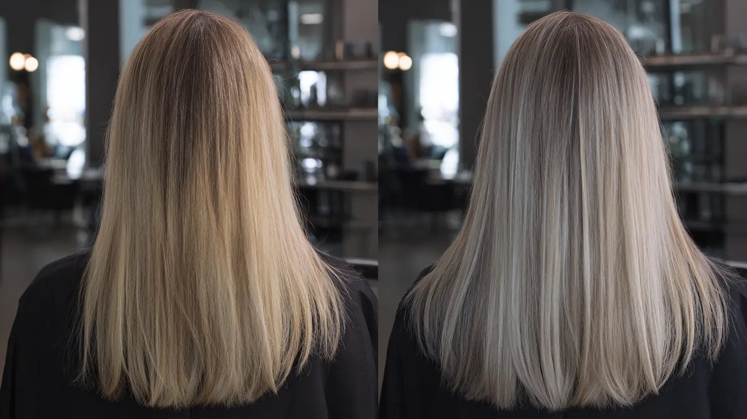 Side by side comparison of blonde hair before and after using hair toner showing brassy yellow tones transformed into a cooler brighter blonde shade