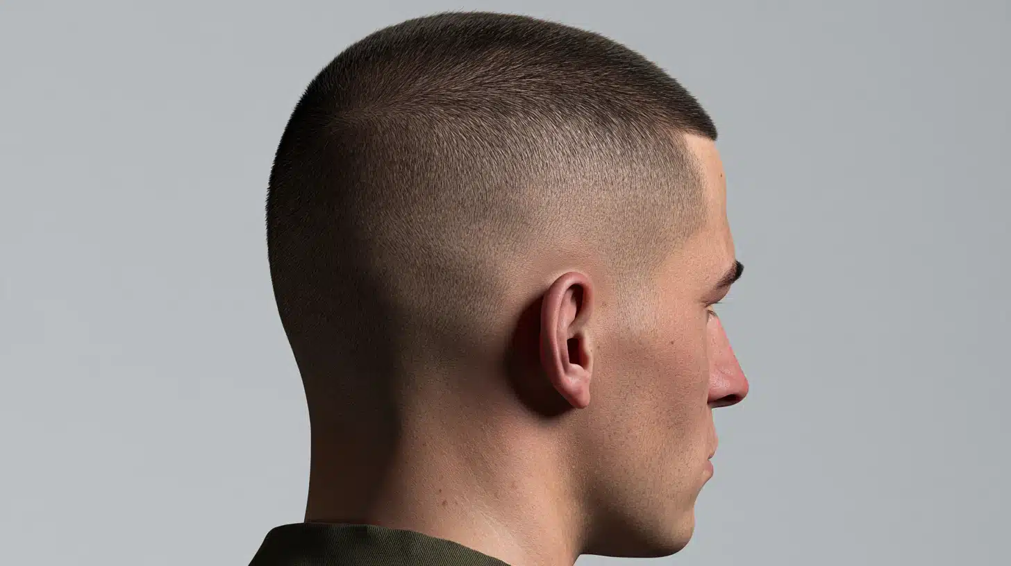 Side profile of a classic high and tight with short blended sides and a neat cropped top with a clean finish