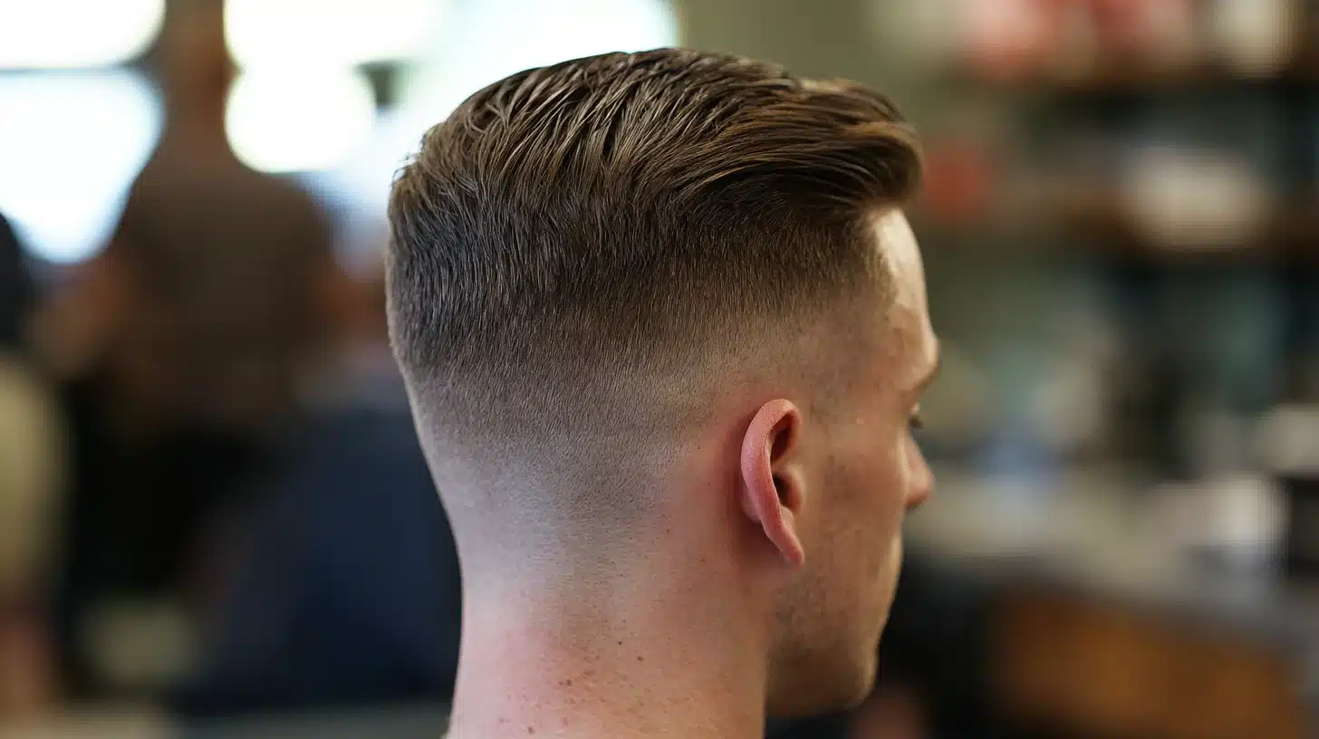 Side profile of a man showcasing a neatly styled textured quiff with a high fade haircut in a barbershop.