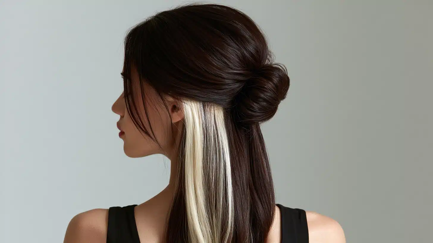 Side profile of a women with dark brown hair styled in a half-up bun, revealing a platinum blonde peekaboo skunk stripe underneath.