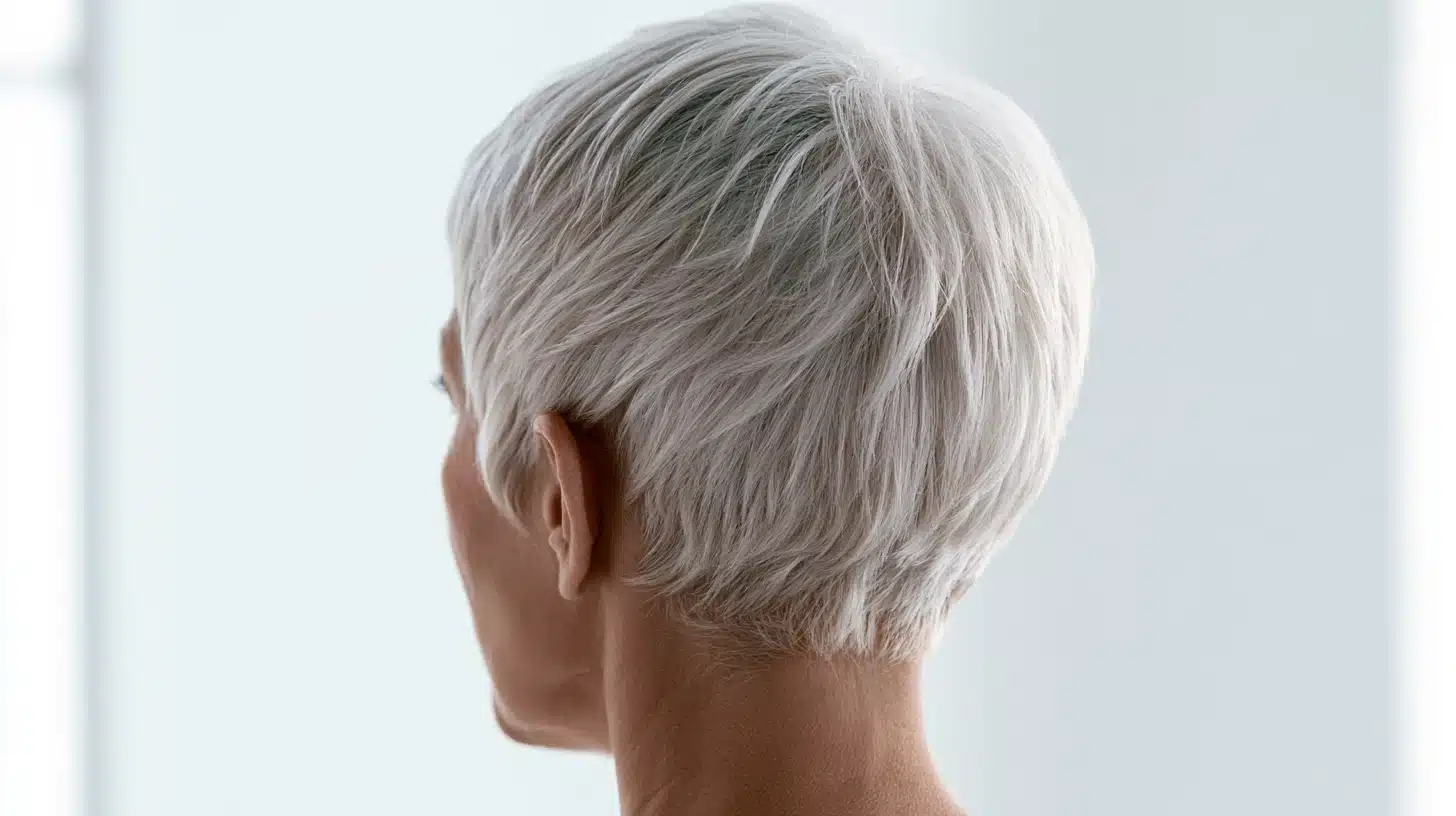 Side profile of an older woman with short, layered silver hair against a bright white background.