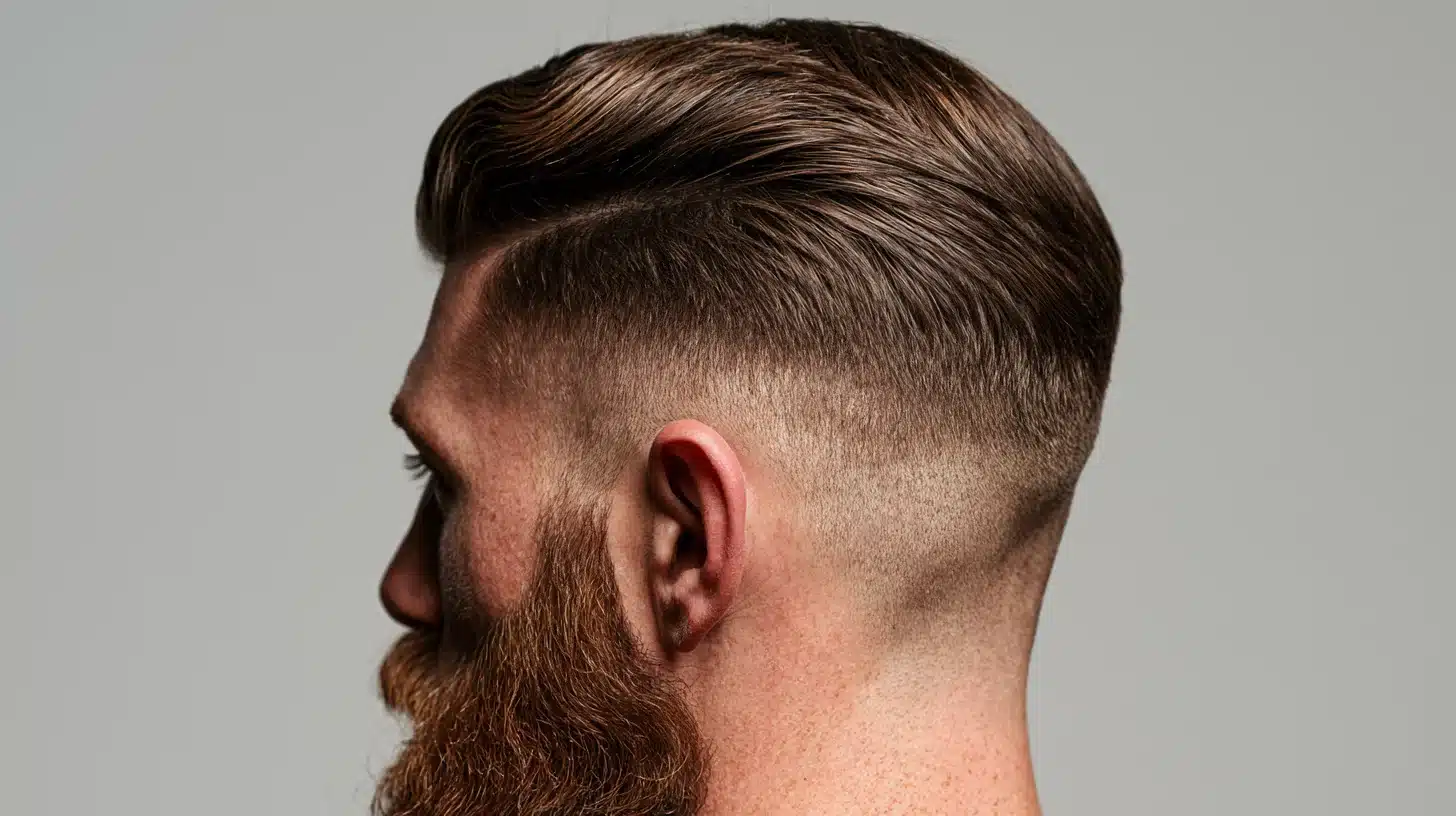 Side-profile portrait of a bearded man showcasing a slicked-back hairstyle with a high skin fade against a gray background.