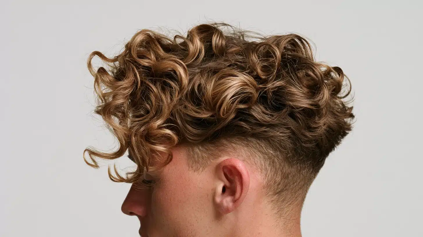 Side-profile portrait of a man with voluminous curly brown hair styled in a tapered undercut against a light gray background.