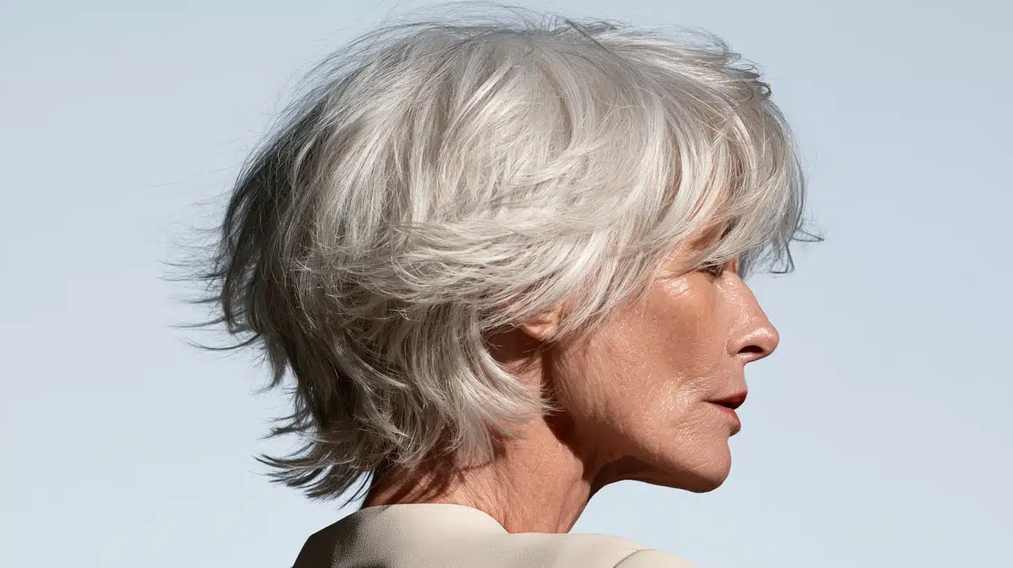 Side-profile portrait of an older woman with short, layered silver hair against a pale blue background.