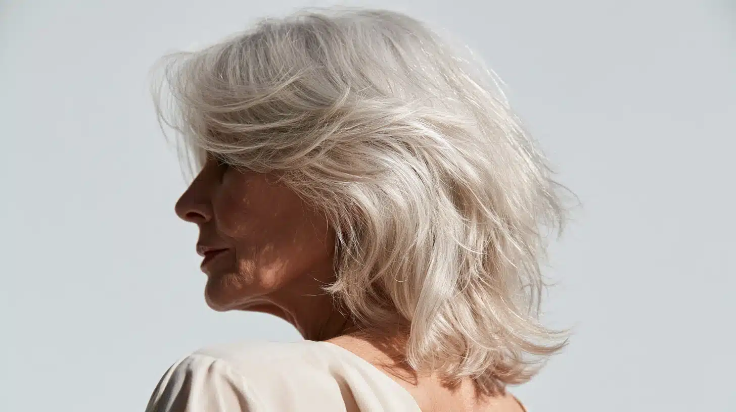 Side-profile portrait of an older woman with shoulder-length wavy silver hair, softly lit against a pale gray background.