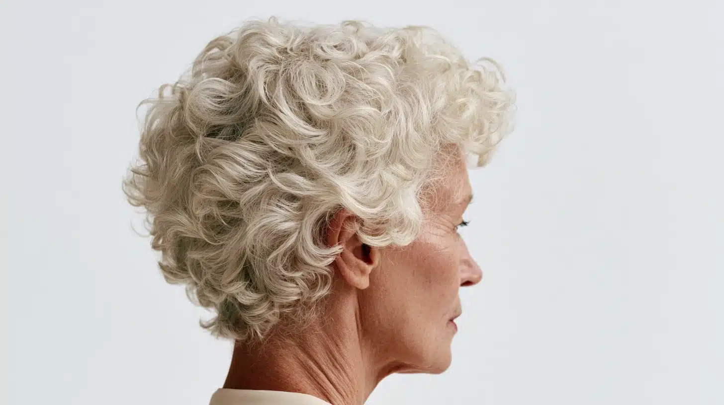 Side-profile portrait of an older woman with short, voluminous curly white hair against a plain light background.