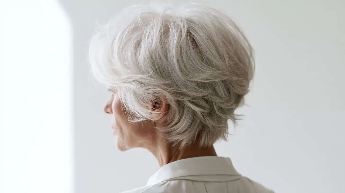 Side-profile portrait of an older woman with short, layered silver hair wearing a white collared shirt against a light background.