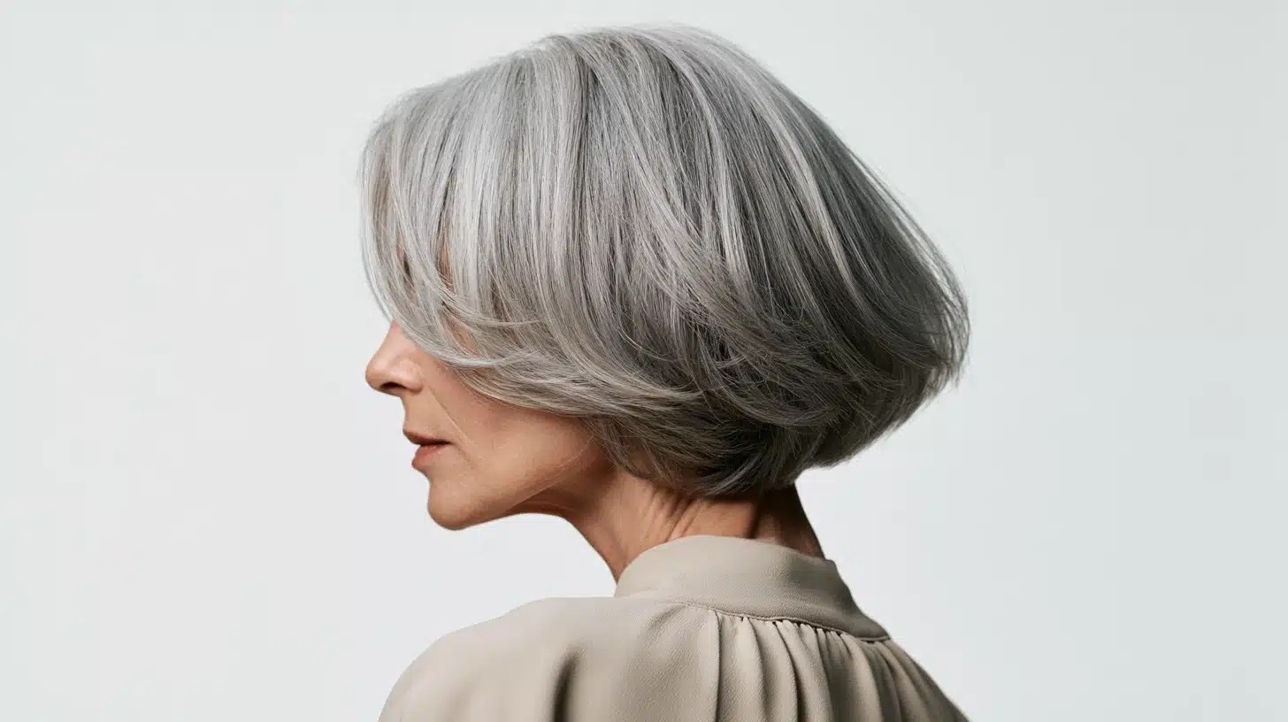 Side-profile portrait of an older woman with a sleek silver bob haircut wearing a beige blouse against a light gray background.