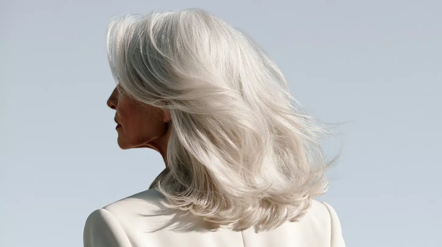 Side-profile portrait of an older woman with flowing silver-white hair against a pale blue background.
