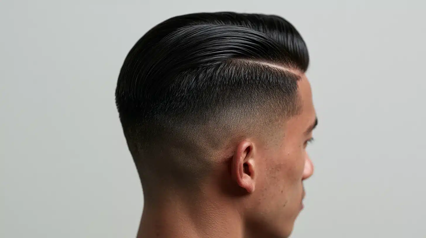 Side-profile view of a man showcasing a sleek comb-over hairstyle with a high fade and shaved side part.