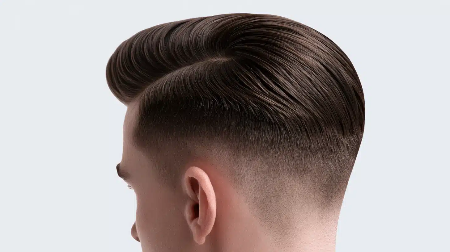 Side-profile view of a modern men’s haircut featuring slicked-back dark brown hair with a voluminous top and tapered fade.