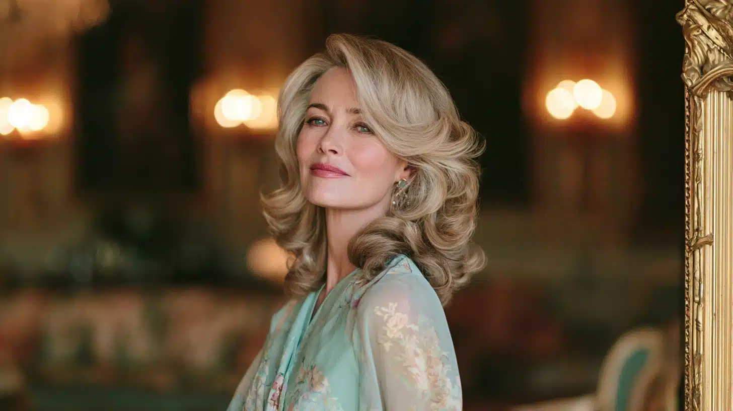 side swept hollywood waves mother of the bride hairstyle with voluminous blonde curls and floral dress