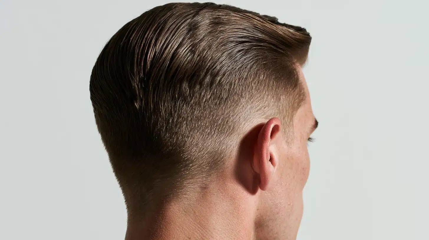 Side view of a man showcasing a neatly styled dark brown side-part haircut with a tapered fade against a light gray background.