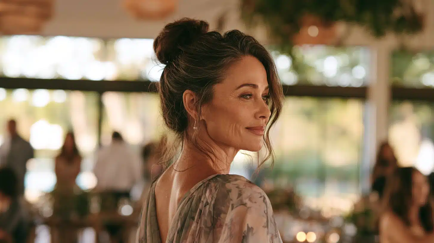 side view of a mother of a woman wearing a polished top knot with soft loose strands at a bright wedding venue