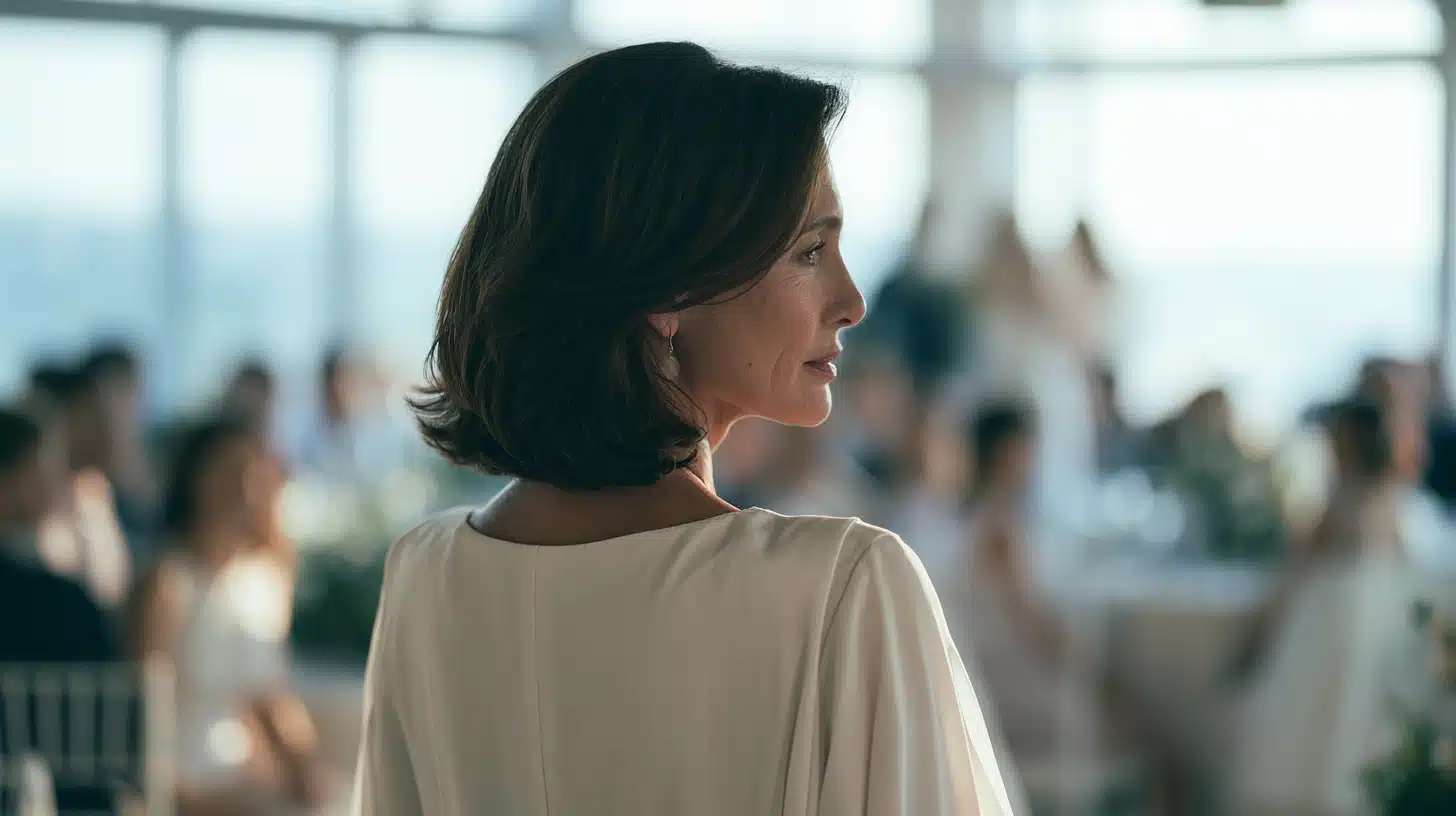 side view of a mother of the bride wearing a sleek dark bob tucked behind both ears at a bright wedding reception