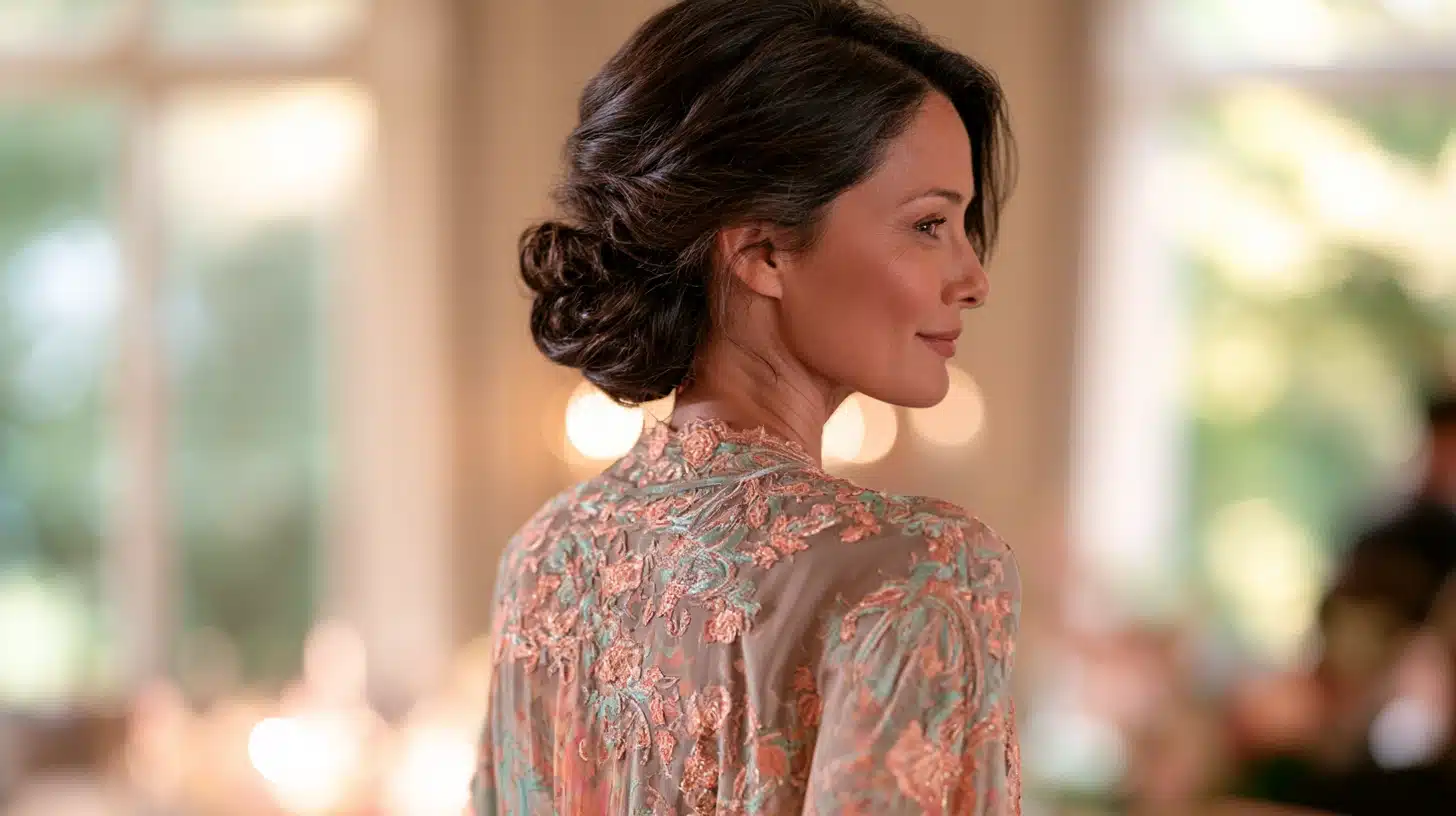 side view of a mother of the bride with a soft low chignon and smooth twisted sections at an indoor wedding reception