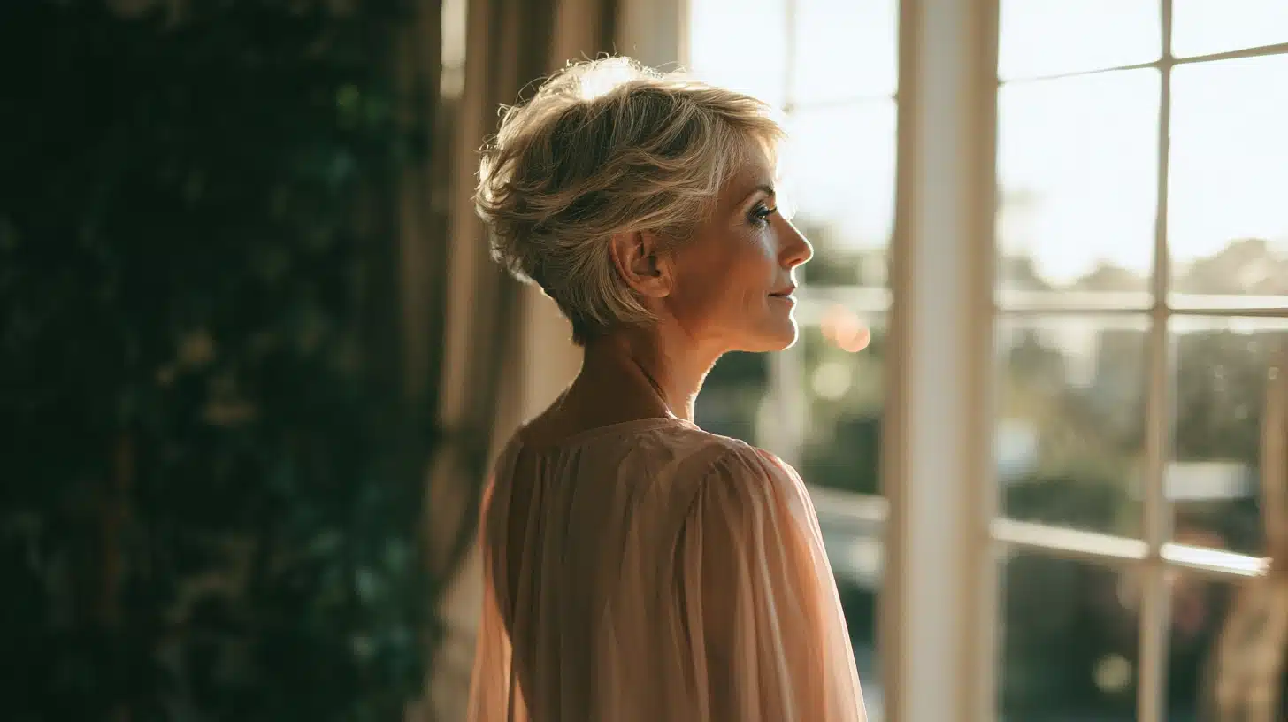 side view of a mother of the bride with a textured silver pixie cut standing beside a bright wedding venue window