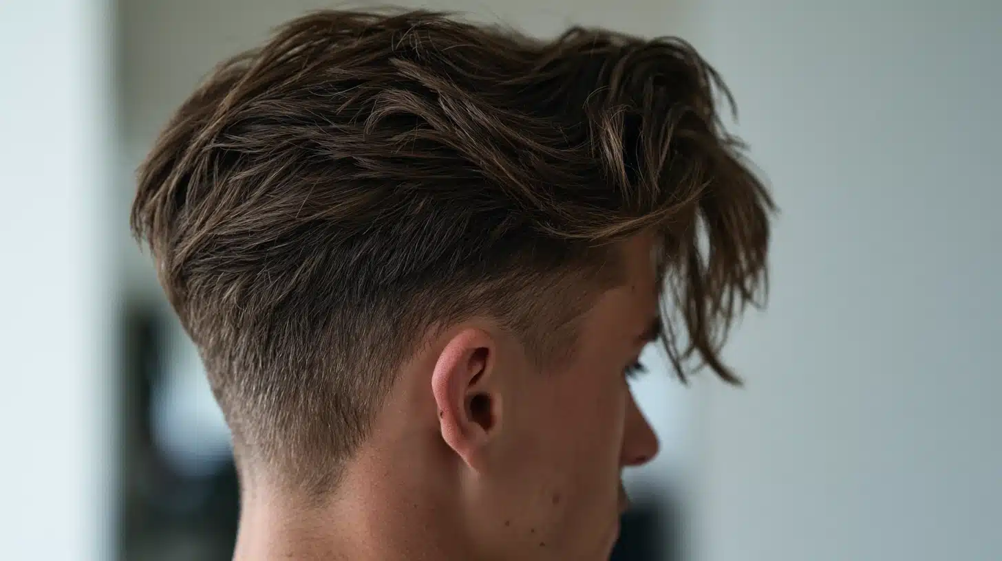 Side view of a person with short sides and back haircut, featuring longer, tousled hair on top, brown in color, in a softly lit indoor setting.