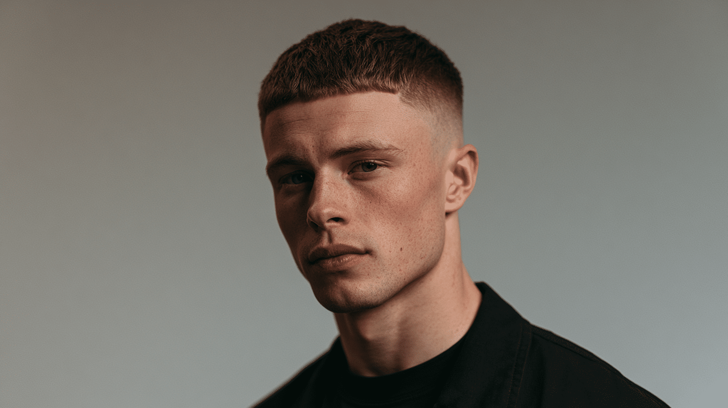 side view of a young man with a buzz cut edgar featuring a short top sharp fringe and faded sides