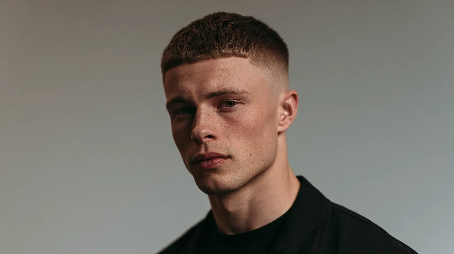 side view of a young man with a buzz cut edgar featuring a short top sharp fringe and faded sides