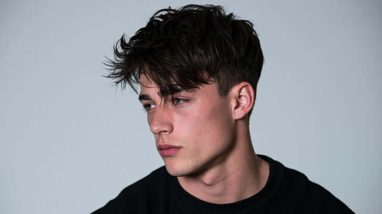 side view of a young man with a choppy edgar showing uneven layers clean fade and a textured blunt fringe