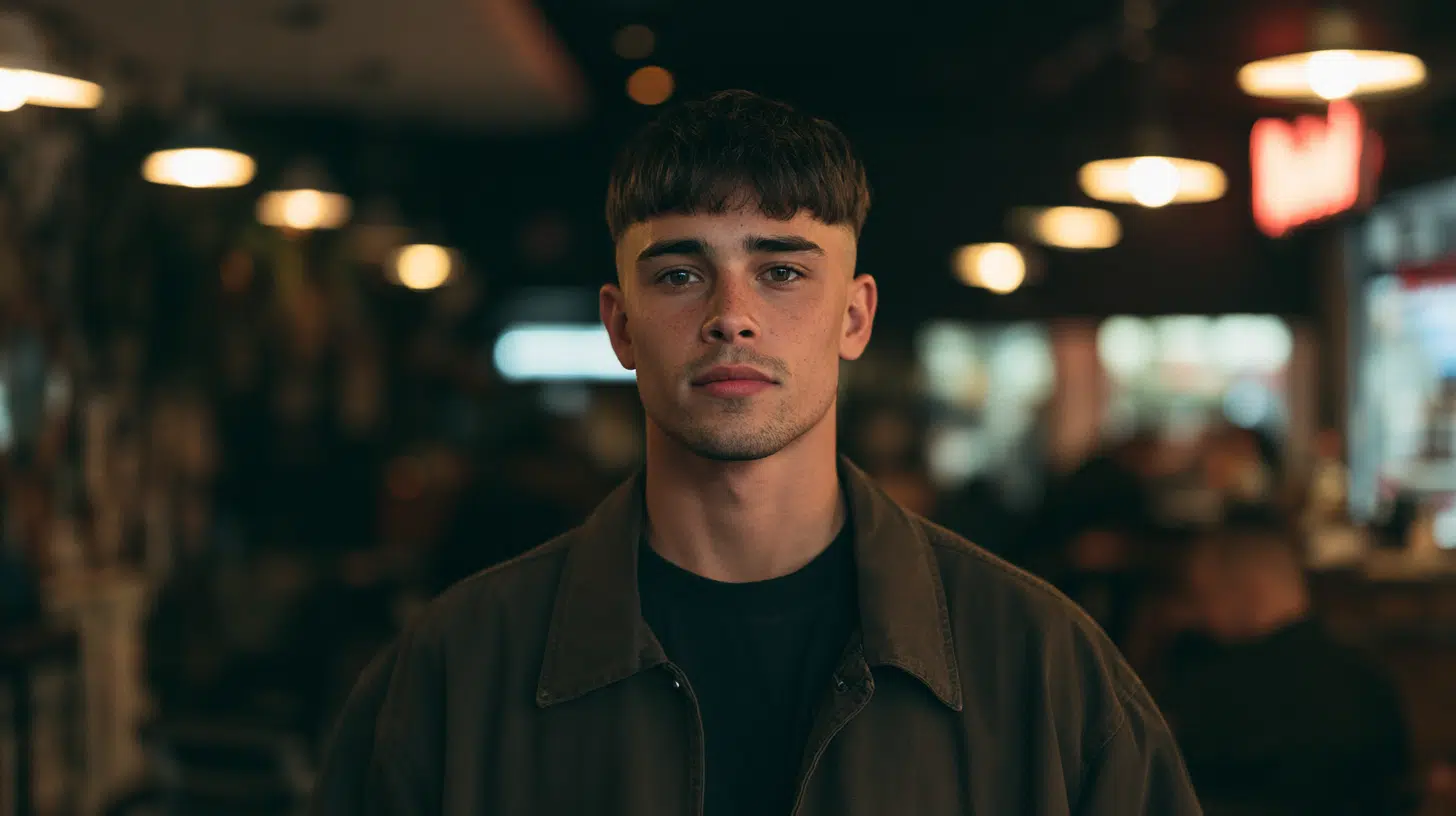 side view of a young man with a classic edgar featuring a blunt fringe clean mid fade and neat textured top