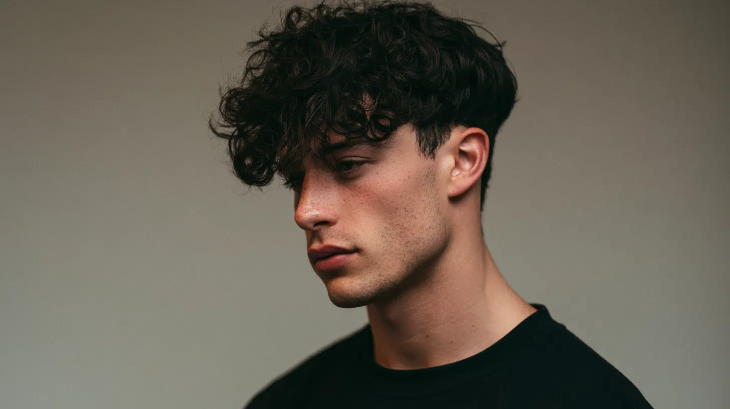 side view of a young man with a curly edgar showing defined curls faded sides and a curly blunt fringe