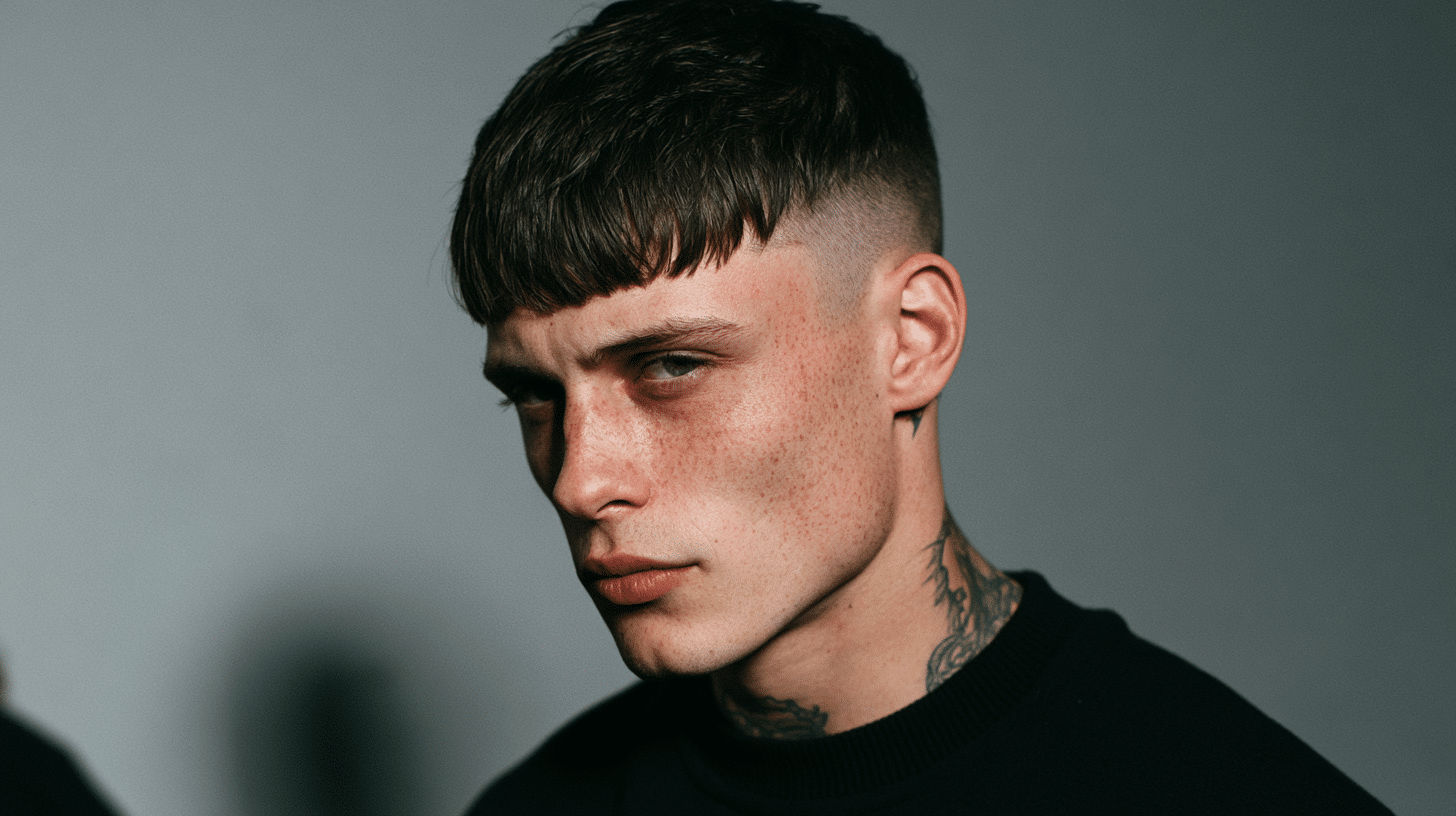 side view of a young man with a drop fade edgar showing a curved fade behind the ear and neat fringe