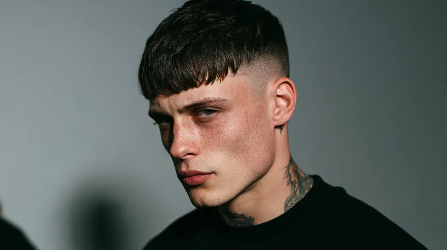 side view of a young man with a drop fade edgar showing a curved fade behind the ear and neat fringe