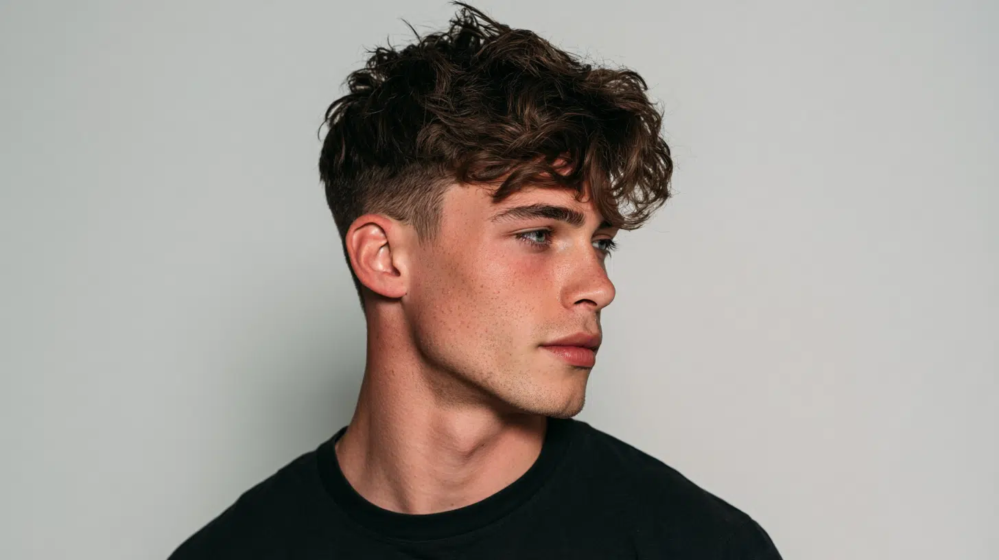 side view of a young man with a fluffy edgar featuring a full textured top clean fade and blunt fringe