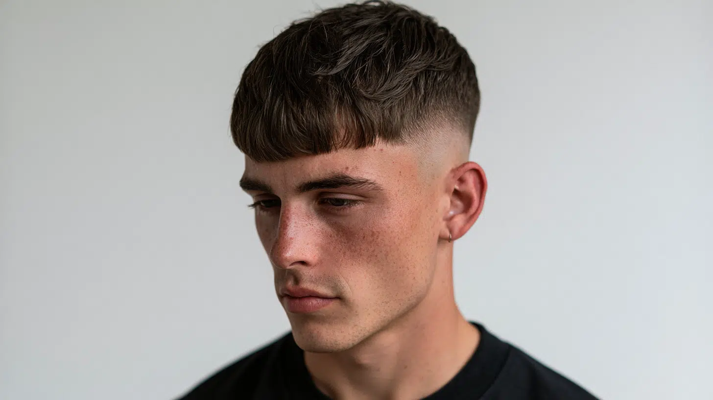 side view of a young man with a high fade edgar showing bold contrast sharp fringe and thick textured hair