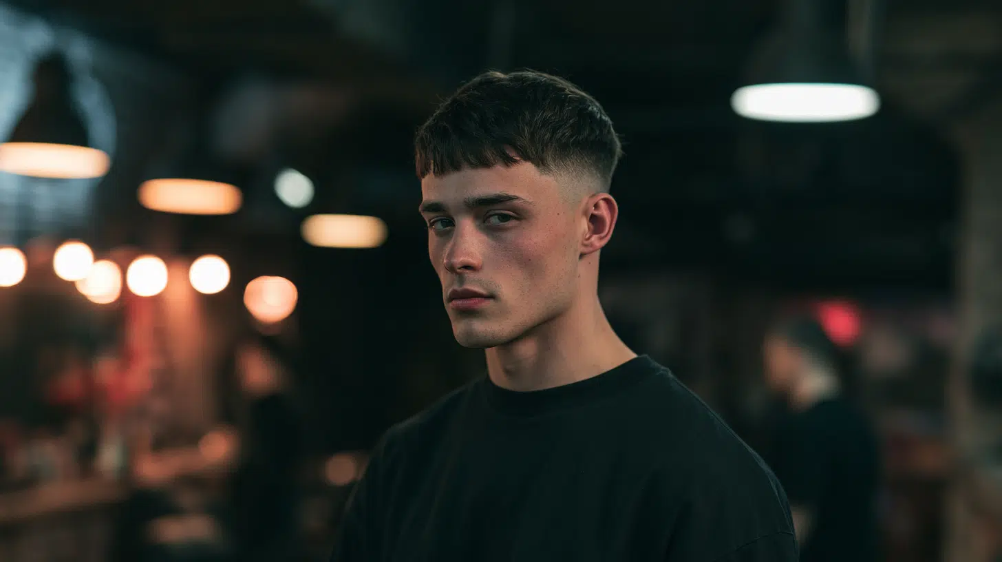 side view of a young man with a low fade edgar showing a blunt fringe and subtle fade around the ears
