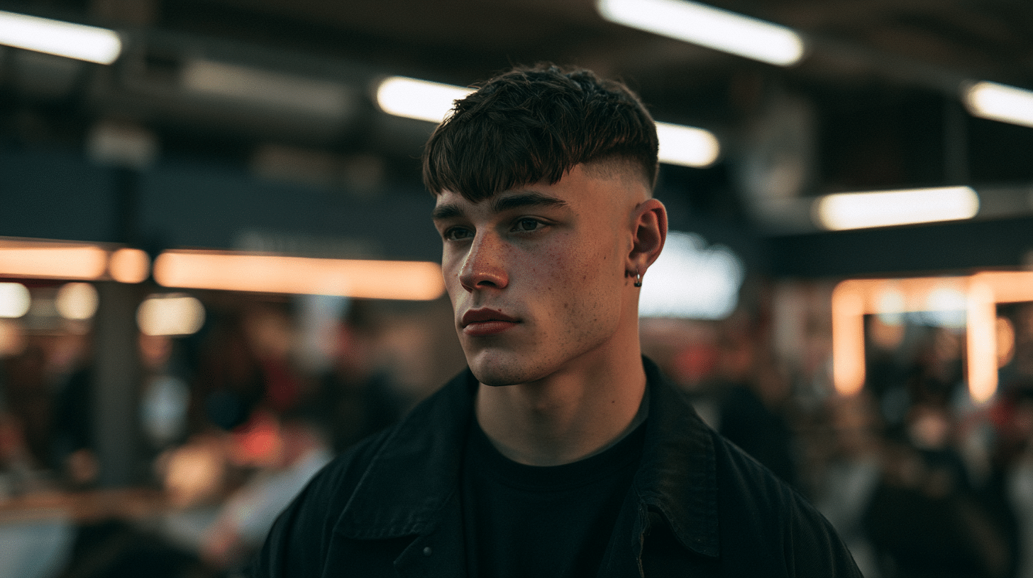 side view of a young man with a mid fade edgar featuring a balanced fade and neat blunt fringe