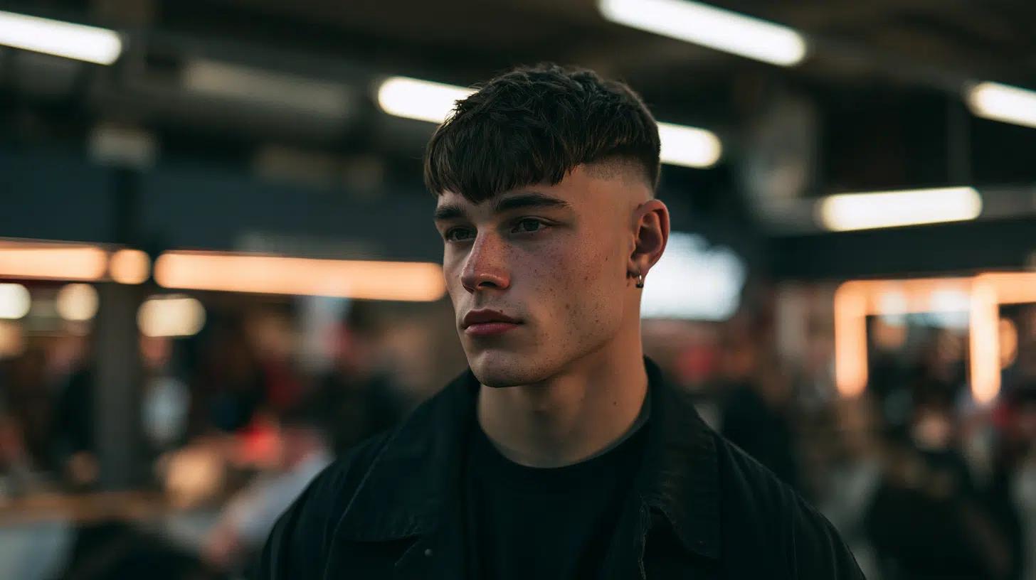 side view of a young man with a mid fade edgar featuring a balanced fade and neat blunt fringe