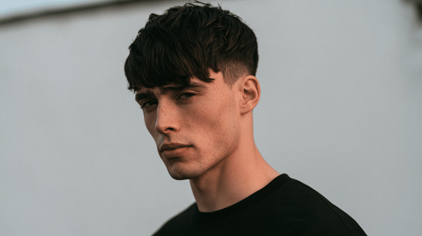 side view of a young man with a textured edgar showing choppy layers faded sides and a short blunt fringe