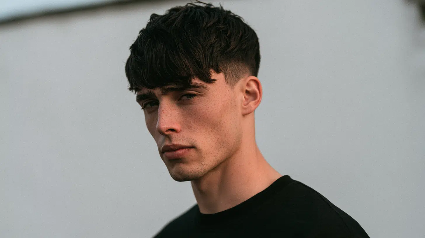 side view of a young man with a textured edgar showing choppy layers faded sides and a short blunt fringe