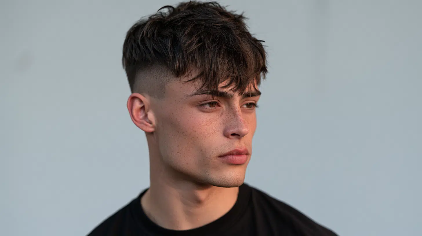 side view of a young man with a two block edgar featuring a longer textured top short sides and blunt fringe