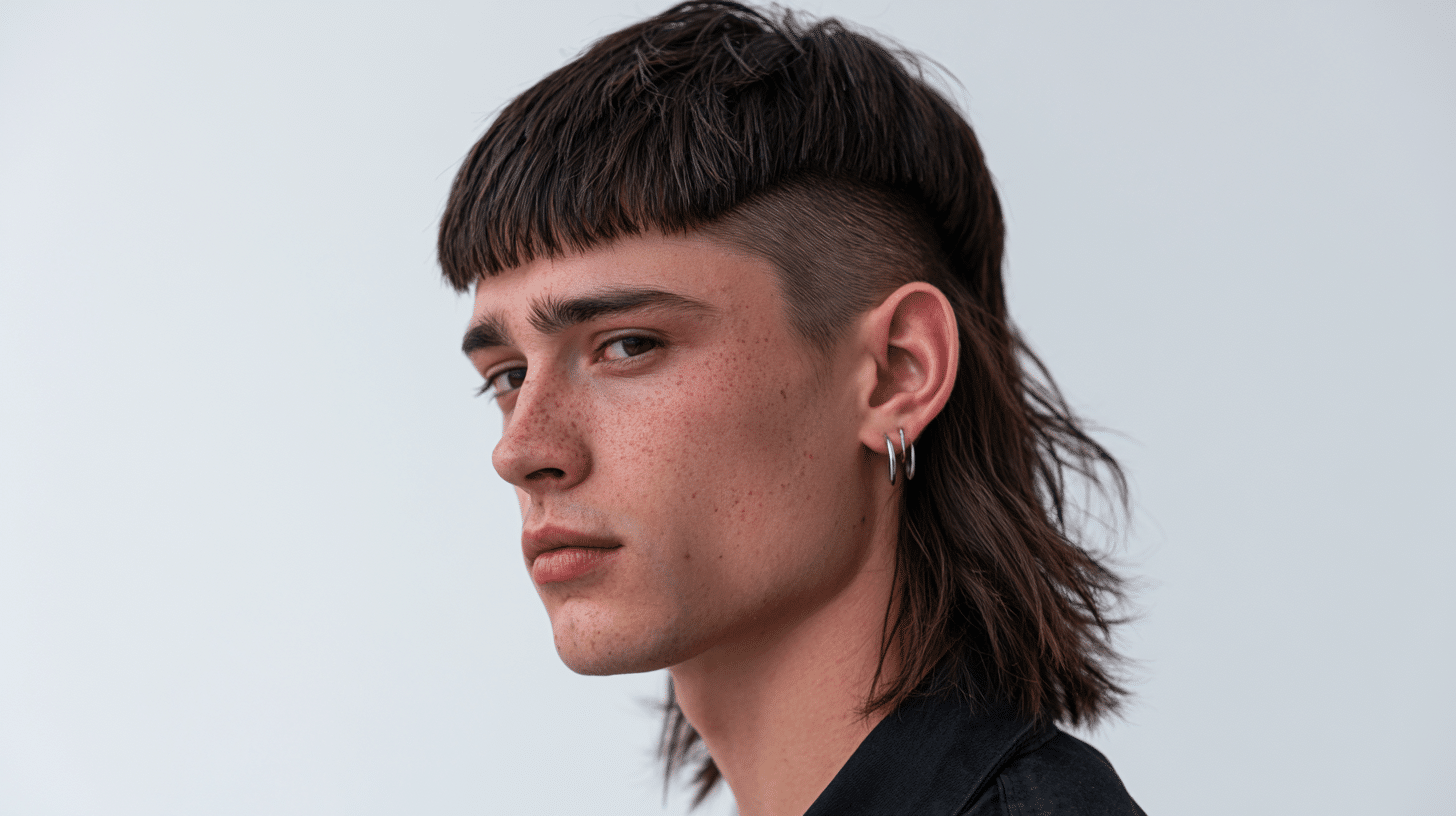 side view of a young man with an edgar mullet featuring a blunt fringe faded sides and longer hair at the back