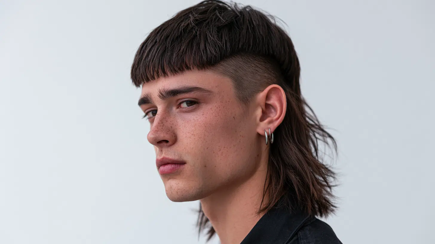 side view of a young man with an edgar mullet featuring a blunt fringe faded sides and longer hair at the back
